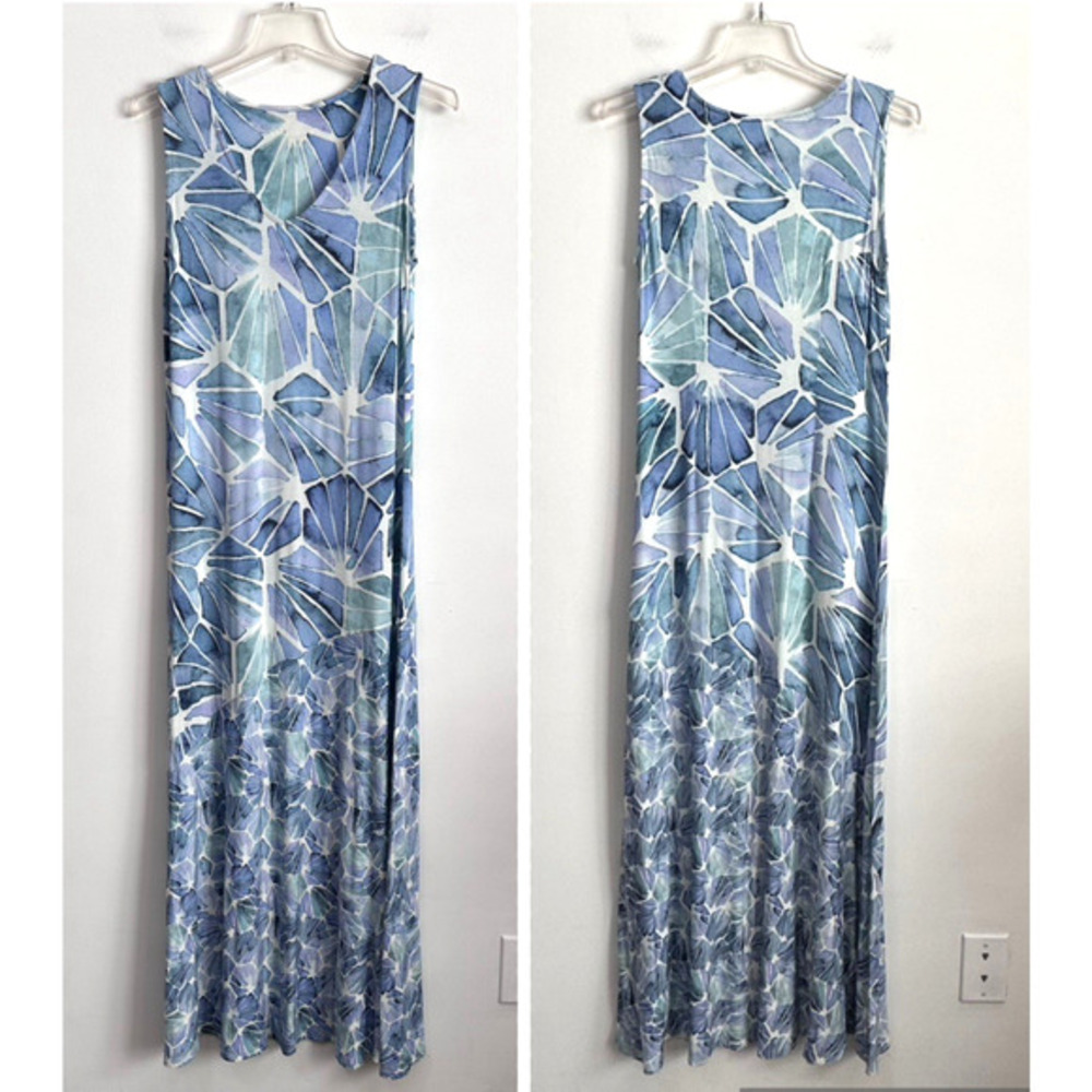 Soft Surroundings Dress XS Castel Jersey Knit Maxi Watercolor Coastal Blue Trip